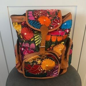 Suede Backpack | Embroidered Flowers | Mexican | Multicolored
